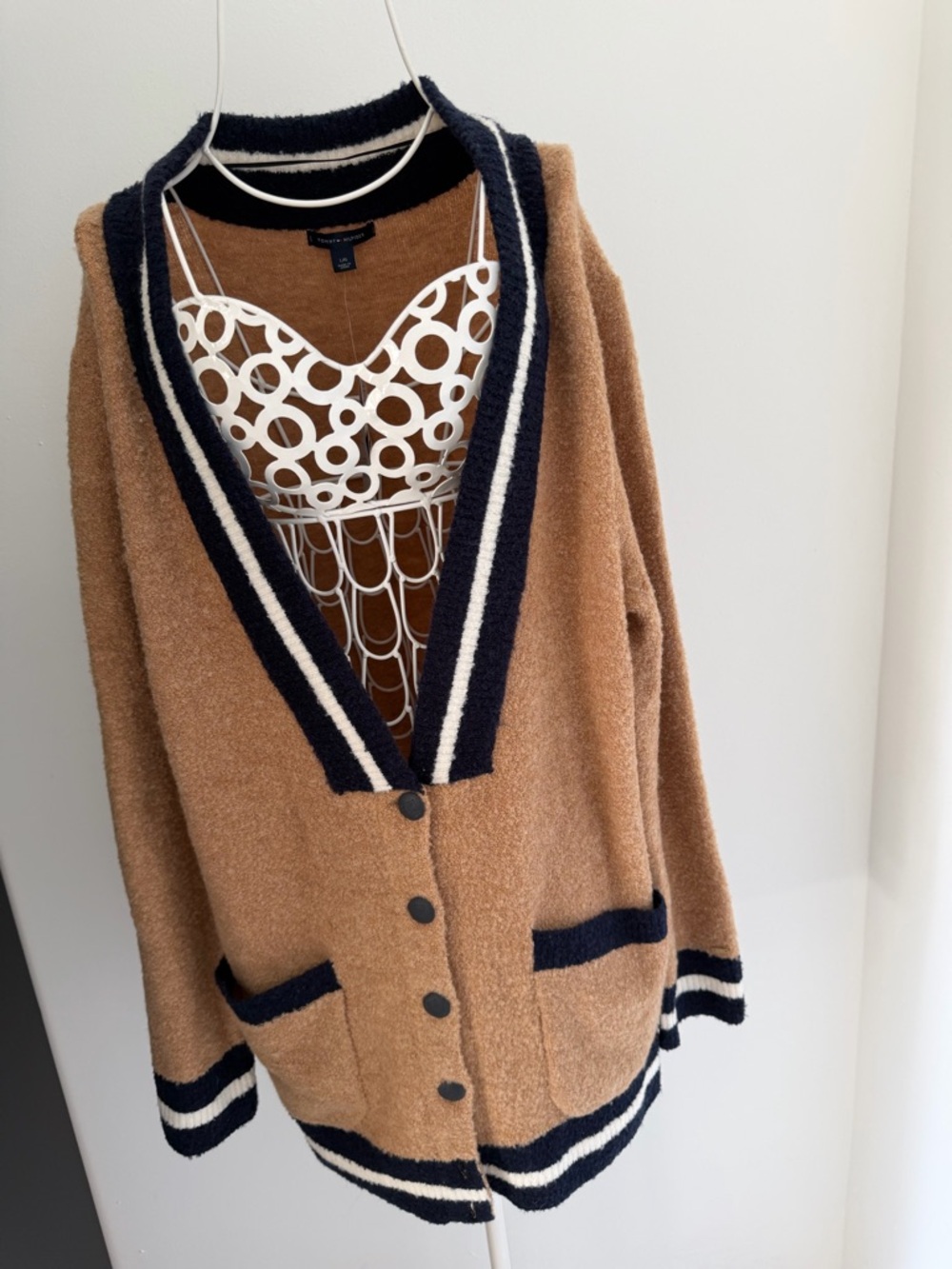 Tommy Hilfiger Camel Cardigan with Navy & Cream Trim